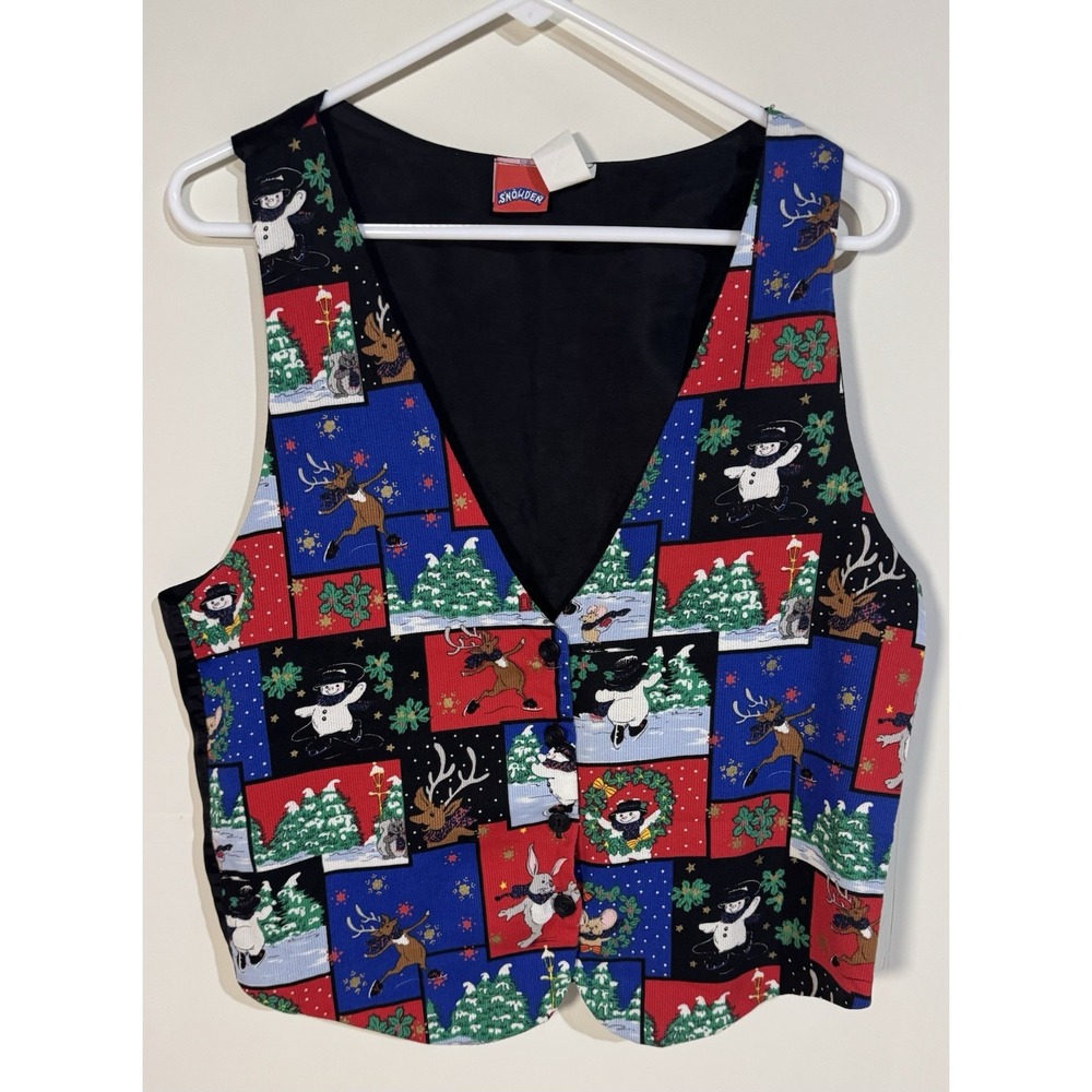 Vintage Snowden Christmas Vest Holiday Snowman Reindeer Print Ugly Large